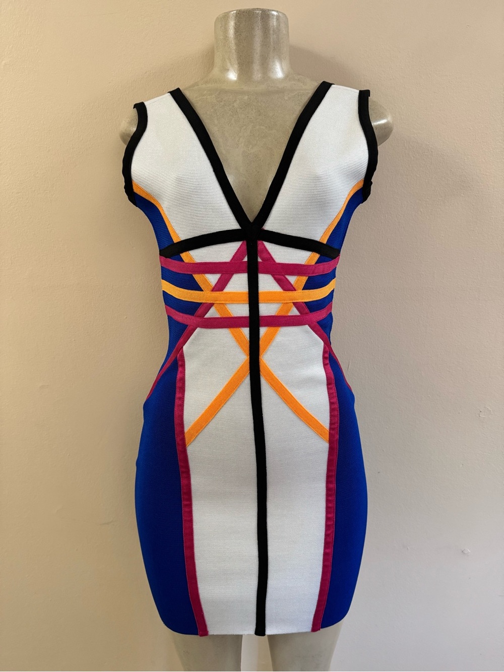 Wow Couture Colorblock V-Neck Bodycon Dress in White, Blue, Pink & Orange EUC Sm
